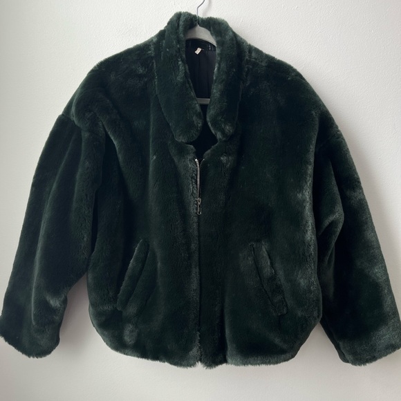 Free people green faux fur fluffy zip jacket emerald mob wife bomber jacket - Picture 6 of 14